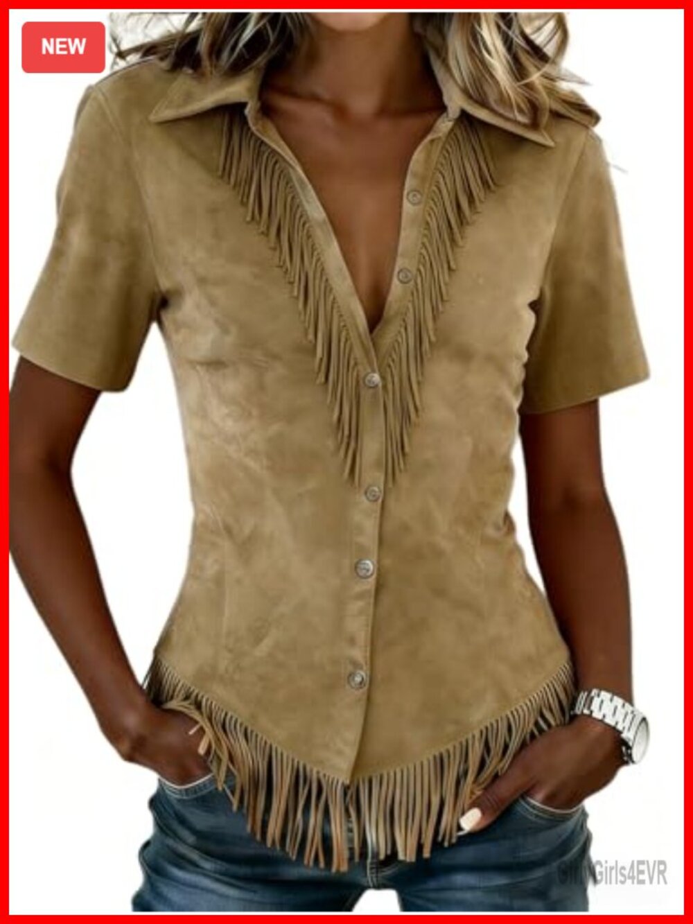 Suede Western Cowgirl Fringe Button Down Shirt Short Sleeve Slim Fit Blouse